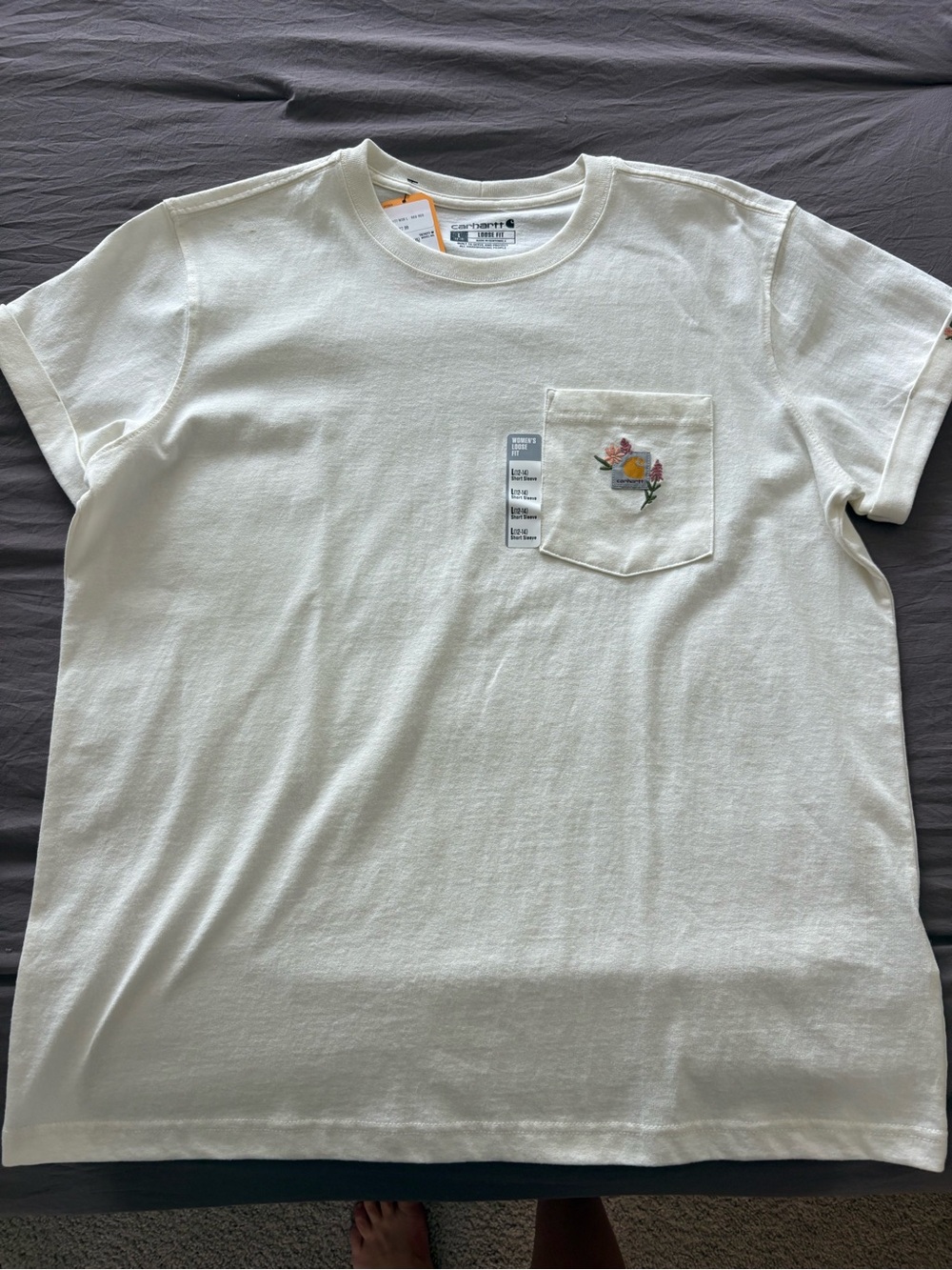 Carhartt Cream Short-Sleeve Pocket Tee with Floral Embroidery